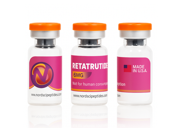 Three vials of RETATRUTIDE 6MG with Nordsci Peptides branding on a white background